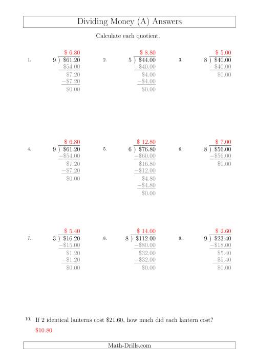 The Dividing Dollar Amounts in Increments of 20 Cents by One-Digit Divisors (A4 Size) (A) Math Worksheet Page 2