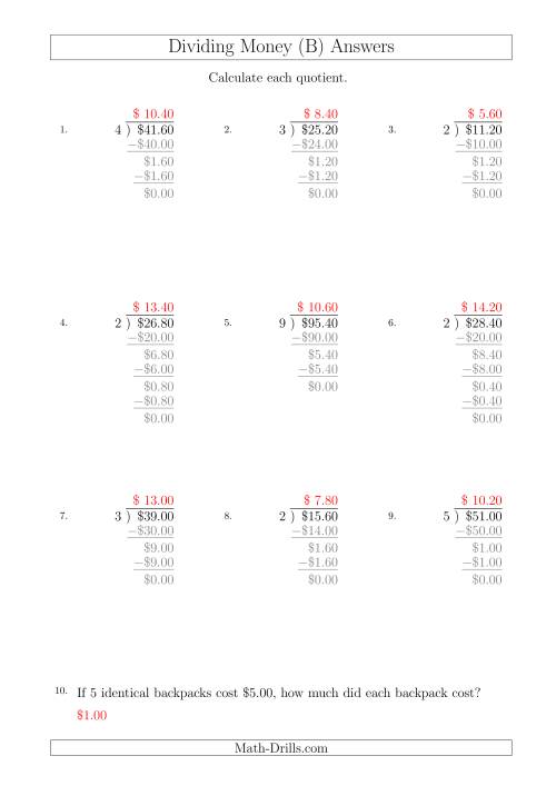 The Dividing Dollar Amounts in Increments of 20 Cents by One-Digit Divisors (A4 Size) (B) Math Worksheet Page 2