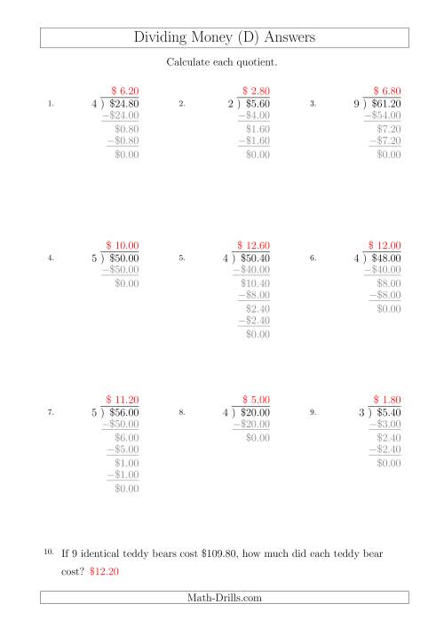 The Dividing Dollar Amounts in Increments of 20 Cents by One-Digit Divisors (A4 Size) (D) Math Worksheet Page 2
