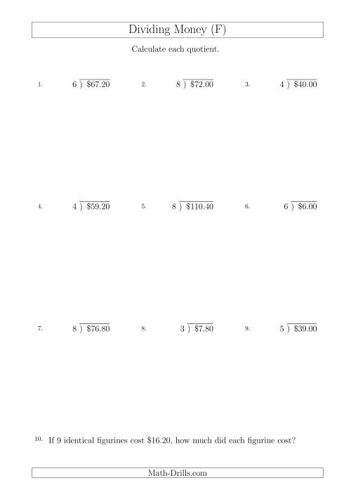 The Dividing Dollar Amounts in Increments of 20 Cents by One-Digit Divisors (A4 Size) (F) Math Worksheet