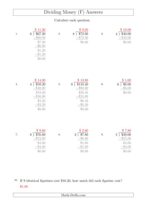 The Dividing Dollar Amounts in Increments of 20 Cents by One-Digit Divisors (A4 Size) (F) Math Worksheet Page 2