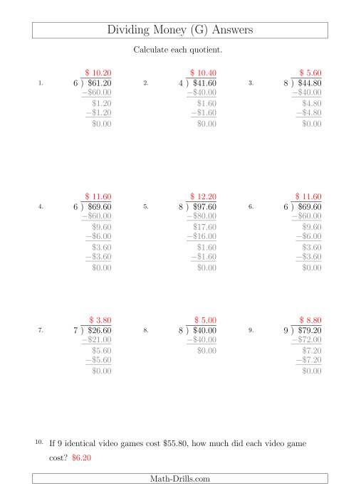 The Dividing Dollar Amounts in Increments of 20 Cents by One-Digit Divisors (A4 Size) (G) Math Worksheet Page 2
