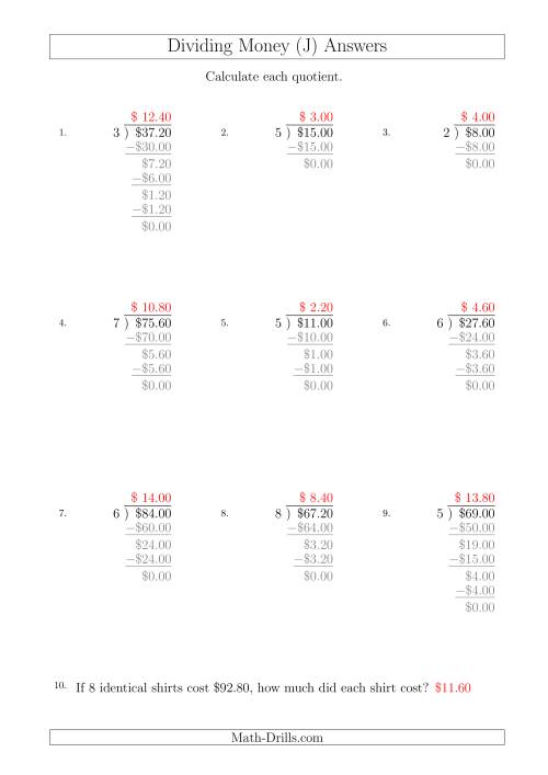 The Dividing Dollar Amounts in Increments of 20 Cents by One-Digit Divisors (A4 Size) (J) Math Worksheet Page 2
