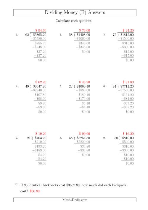 The Dividing Dollar Amounts in Increments of 20 Cents by Two-Digit Divisors (A4 Size) (B) Math Worksheet Page 2