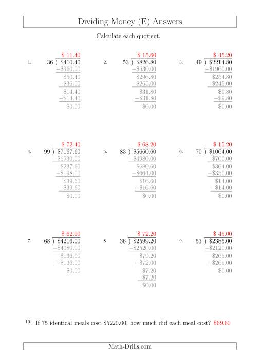 The Dividing Dollar Amounts in Increments of 20 Cents by Two-Digit Divisors (A4 Size) (E) Math Worksheet Page 2