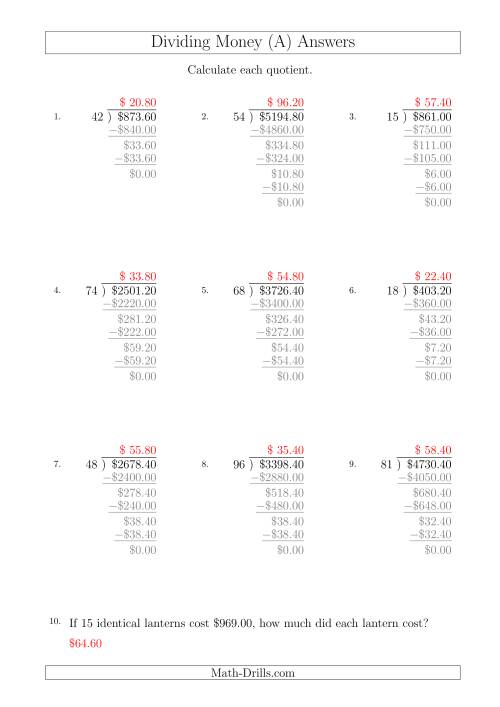 The Dividing Dollar Amounts in Increments of 20 Cents by Two-Digit Divisors (A4 Size) (All) Math Worksheet Page 2