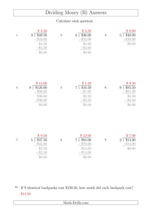 The Dividing Dollar Amounts in Increments of 50 Cents by One-Digit Divisors (A4 Size) (B) Math Worksheet Page 2