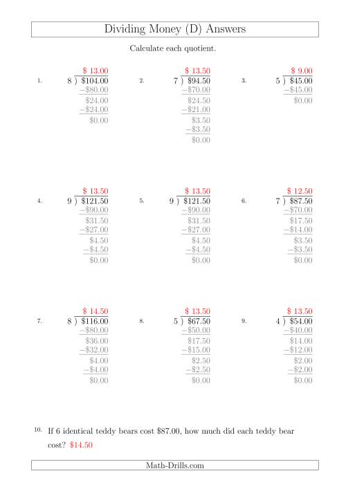 The Dividing Dollar Amounts in Increments of 50 Cents by One-Digit Divisors (A4 Size) (D) Math Worksheet Page 2