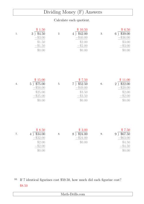 The Dividing Dollar Amounts in Increments of 50 Cents by One-Digit Divisors (A4 Size) (F) Math Worksheet Page 2