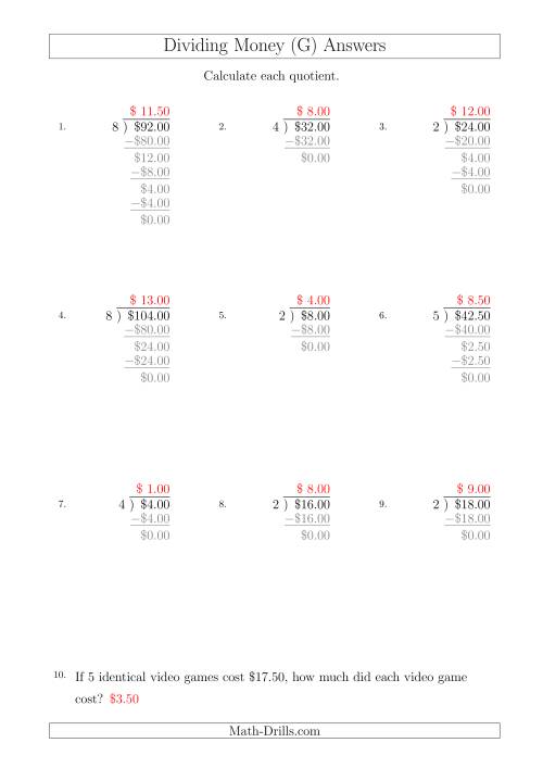 The Dividing Dollar Amounts in Increments of 50 Cents by One-Digit Divisors (A4 Size) (G) Math Worksheet Page 2