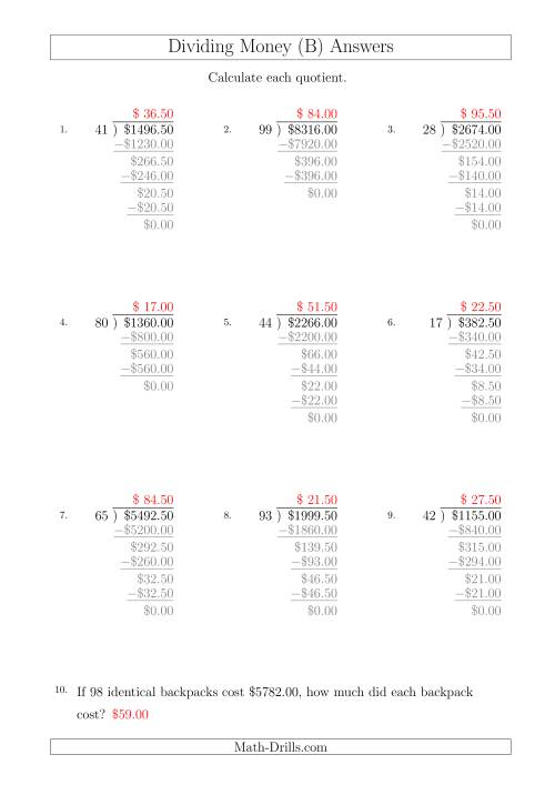 The Dividing Dollar Amounts in Increments of 50 Cents by Two-Digit Divisors (A4 Size) (B) Math Worksheet Page 2