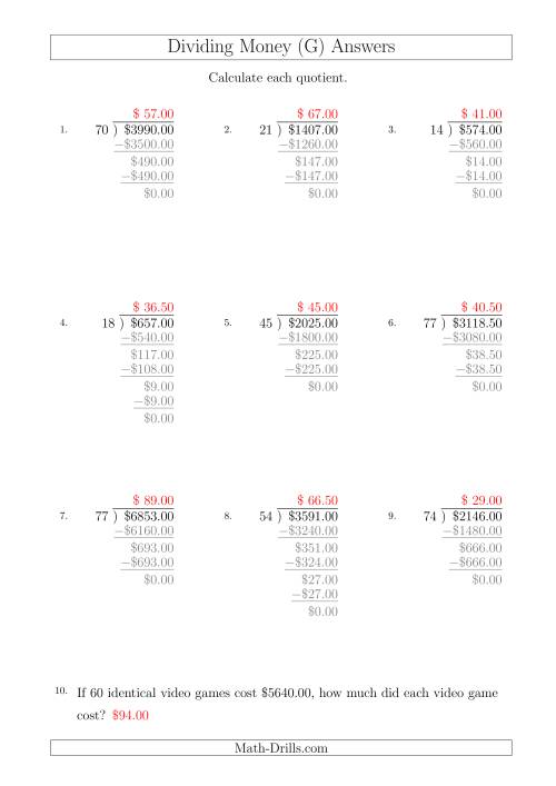 The Dividing Dollar Amounts in Increments of 50 Cents by Two-Digit Divisors (A4 Size) (G) Math Worksheet Page 2