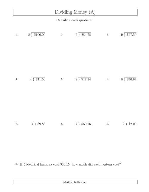 The Dividing Dollar Amounts by One-Digit Divisors (A) Math Worksheet