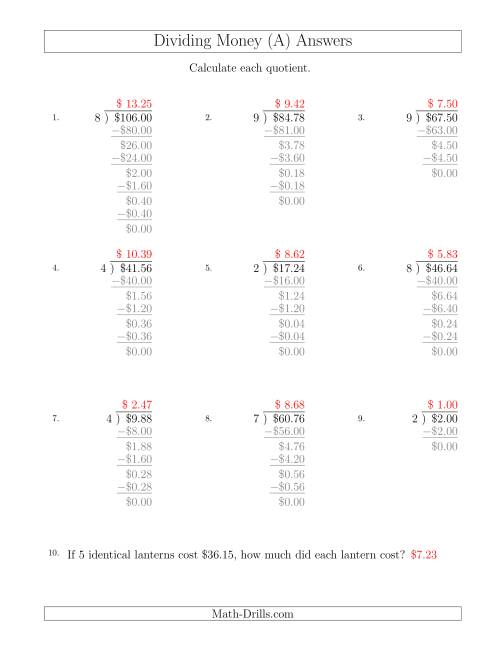 The Dividing Dollar Amounts by One-Digit Divisors (A) Math Worksheet Page 2
