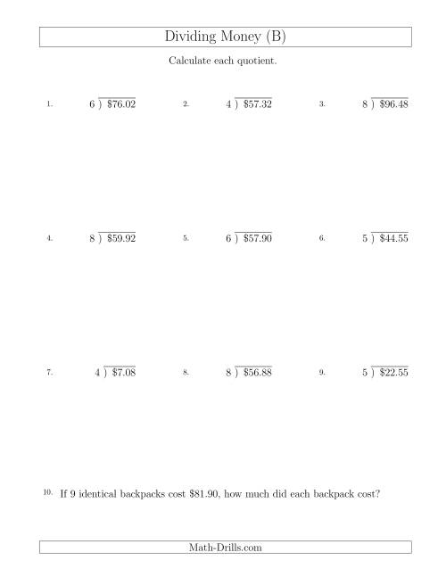 The Dividing Dollar Amounts by One-Digit Divisors (B) Math Worksheet