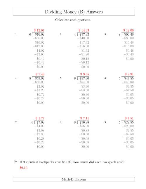 The Dividing Dollar Amounts by One-Digit Divisors (B) Math Worksheet Page 2