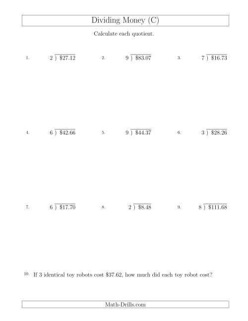 The Dividing Dollar Amounts by One-Digit Divisors (C) Math Worksheet