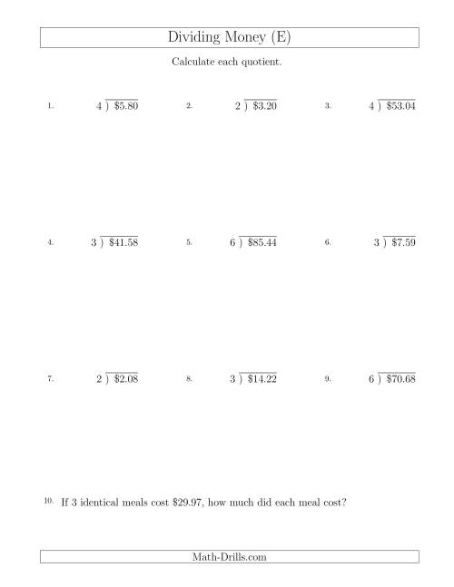 The Dividing Dollar Amounts by One-Digit Divisors (E) Math Worksheet
