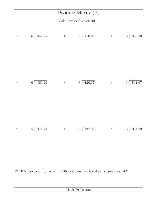 The Dividing Dollar Amounts by One-Digit Divisors (F) Math Worksheet