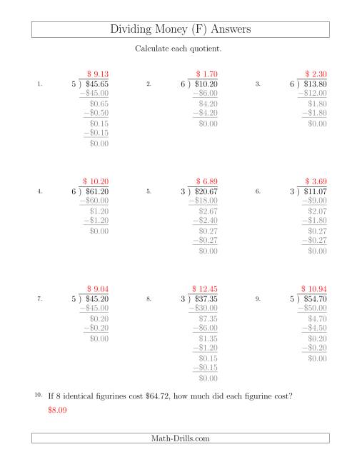 The Dividing Dollar Amounts by One-Digit Divisors (F) Math Worksheet Page 2