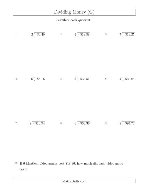 The Dividing Dollar Amounts by One-Digit Divisors (G) Math Worksheet
