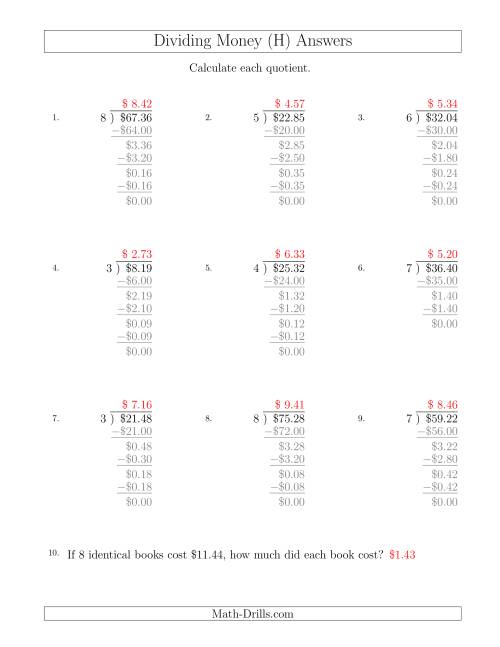The Dividing Dollar Amounts by One-Digit Divisors (H) Math Worksheet Page 2