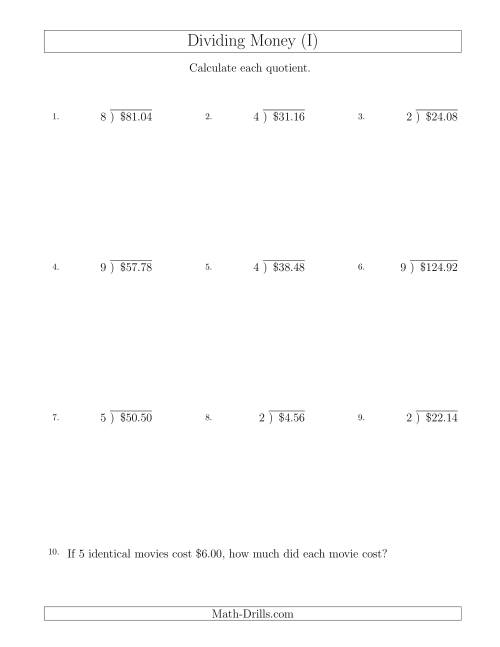 The Dividing Dollar Amounts by One-Digit Divisors (I) Math Worksheet
