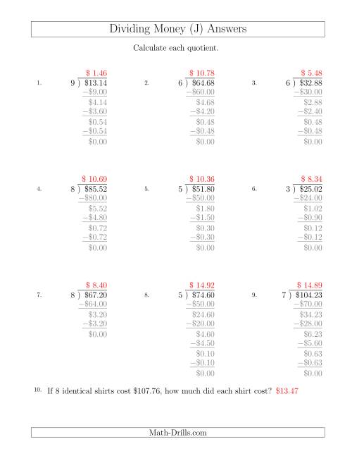 The Dividing Dollar Amounts by One-Digit Divisors (J) Math Worksheet Page 2