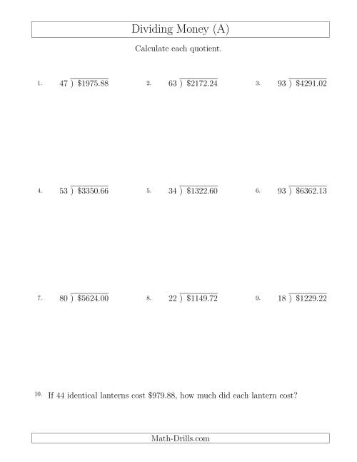 The Dividing Dollar Amounts by Two-Digit Divisors (A) Math Worksheet