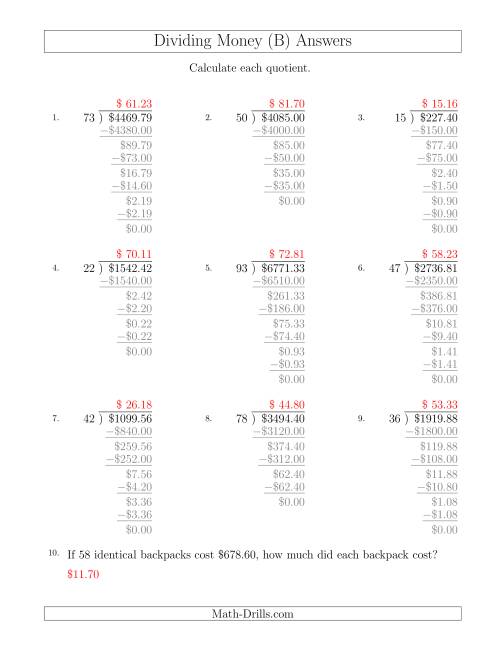 The Dividing Dollar Amounts by Two-Digit Divisors (B) Math Worksheet Page 2