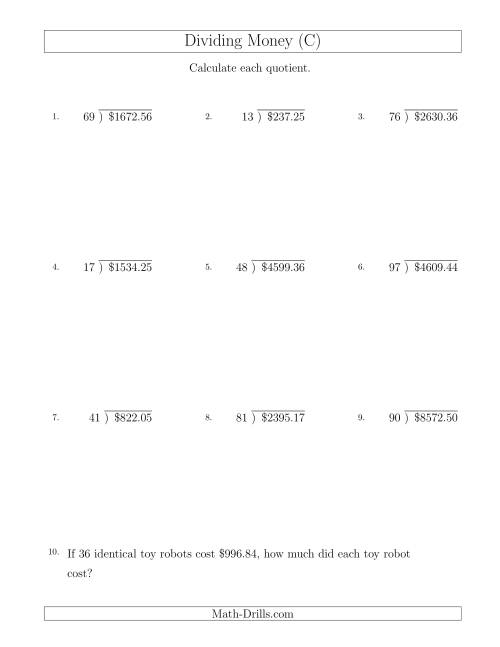 The Dividing Dollar Amounts by Two-Digit Divisors (C) Math Worksheet