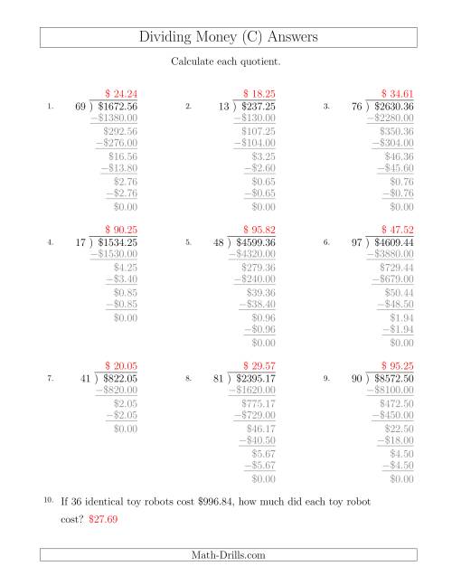 The Dividing Dollar Amounts by Two-Digit Divisors (C) Math Worksheet Page 2