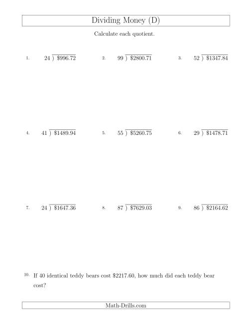The Dividing Dollar Amounts by Two-Digit Divisors (D) Math Worksheet