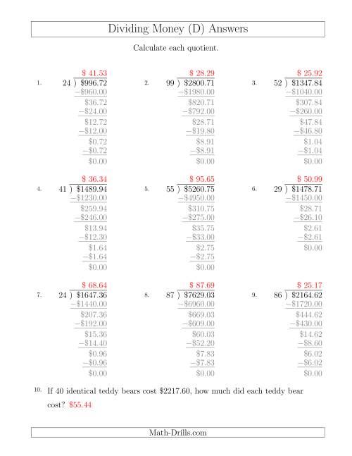 The Dividing Dollar Amounts by Two-Digit Divisors (D) Math Worksheet Page 2