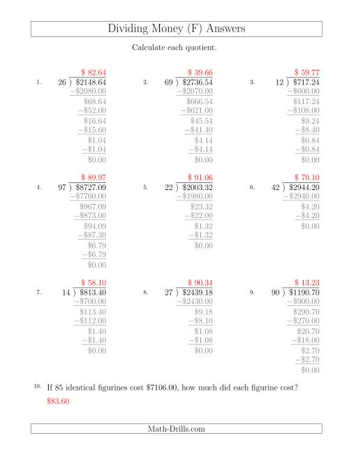 The Dividing Dollar Amounts by Two-Digit Divisors (F) Math Worksheet Page 2