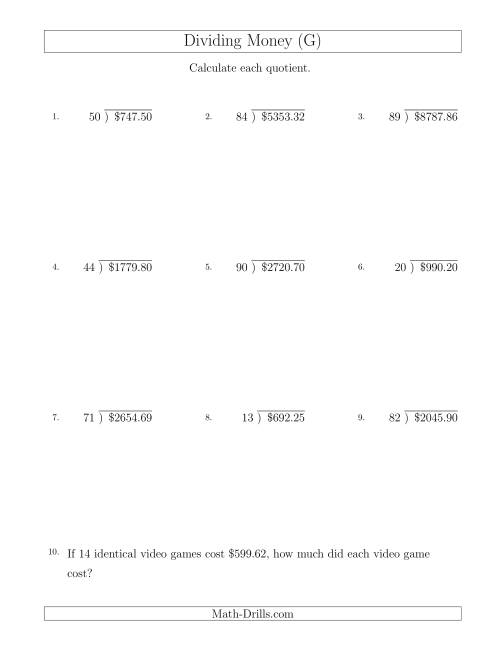 The Dividing Dollar Amounts by Two-Digit Divisors (G) Math Worksheet