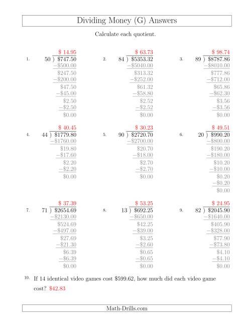 The Dividing Dollar Amounts by Two-Digit Divisors (G) Math Worksheet Page 2