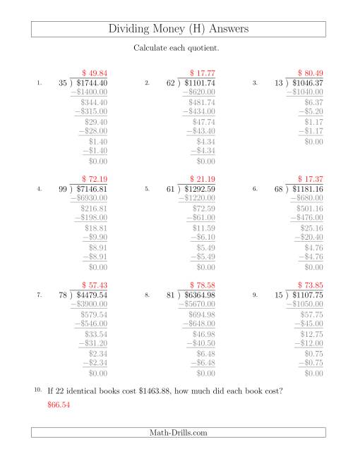 The Dividing Dollar Amounts by Two-Digit Divisors (H) Math Worksheet Page 2