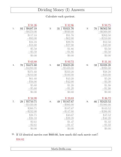 The Dividing Dollar Amounts by Two-Digit Divisors (I) Math Worksheet Page 2