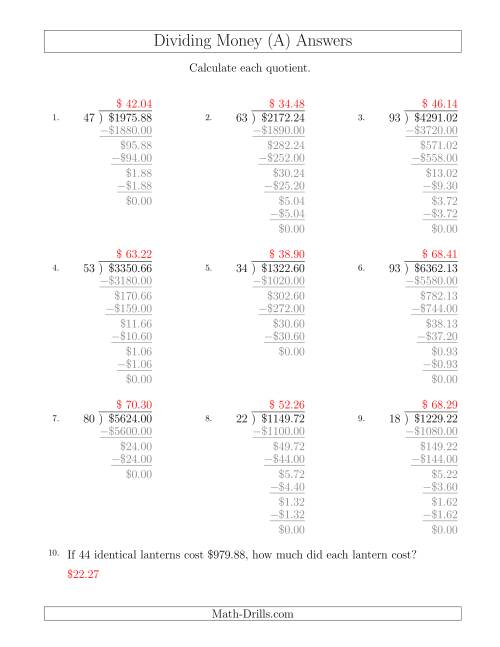 The Dividing Dollar Amounts by Two-Digit Divisors (All) Math Worksheet Page 2