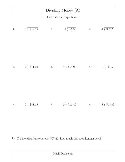 The Dividing Dollar Amounts in Increments of 5 Cents by One-Digit Divisors (A) Math Worksheet