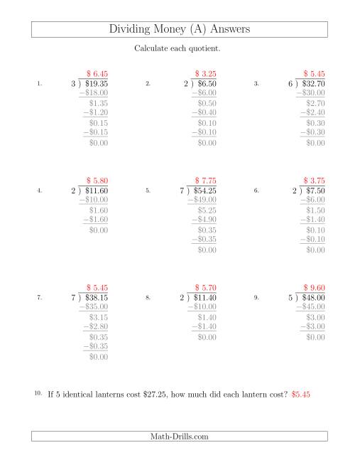 The Dividing Dollar Amounts in Increments of 5 Cents by One-Digit Divisors (A) Math Worksheet Page 2