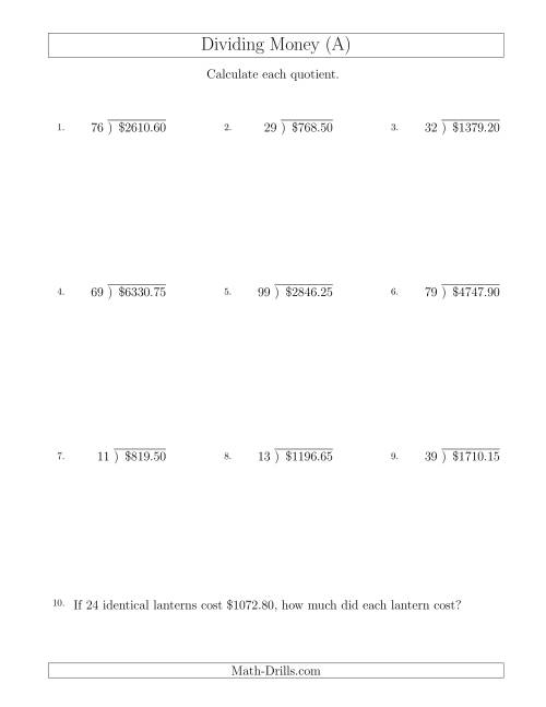 The Dividing Dollar Amounts in Increments of 5 Cents by Two-Digit Divisors (A) Math Worksheet