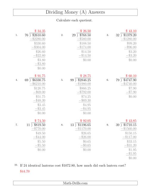 The Dividing Dollar Amounts in Increments of 5 Cents by Two-Digit Divisors (A) Math Worksheet Page 2