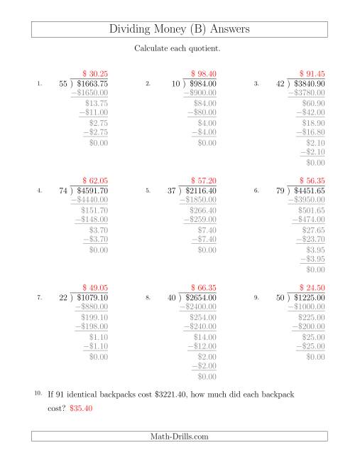 The Dividing Dollar Amounts in Increments of 5 Cents by Two-Digit Divisors (B) Math Worksheet Page 2