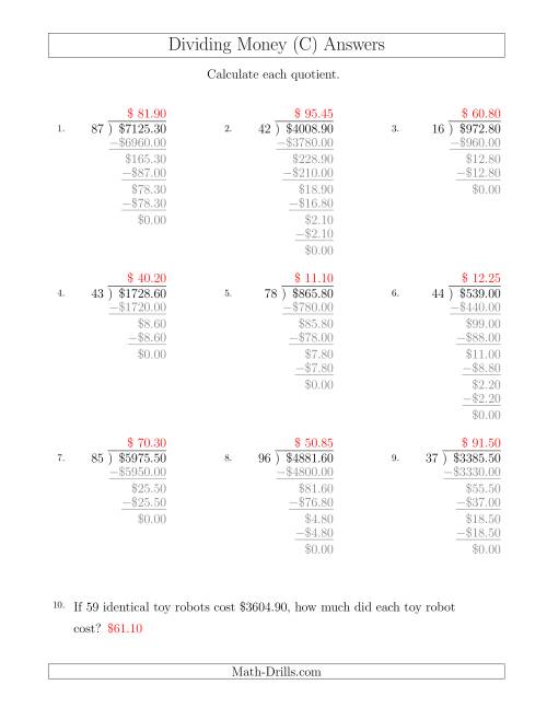 The Dividing Dollar Amounts in Increments of 5 Cents by Two-Digit Divisors (C) Math Worksheet Page 2