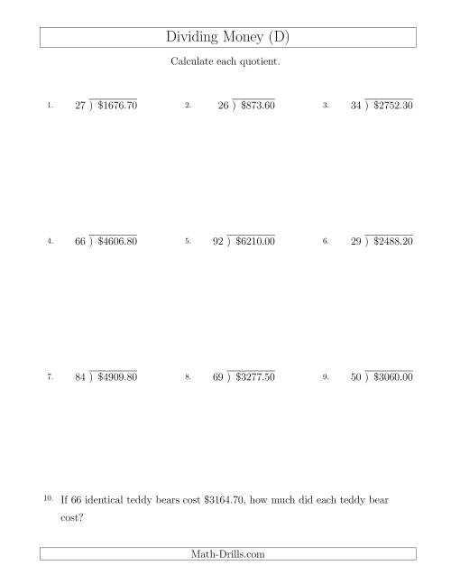 The Dividing Dollar Amounts in Increments of 5 Cents by Two-Digit Divisors (D) Math Worksheet