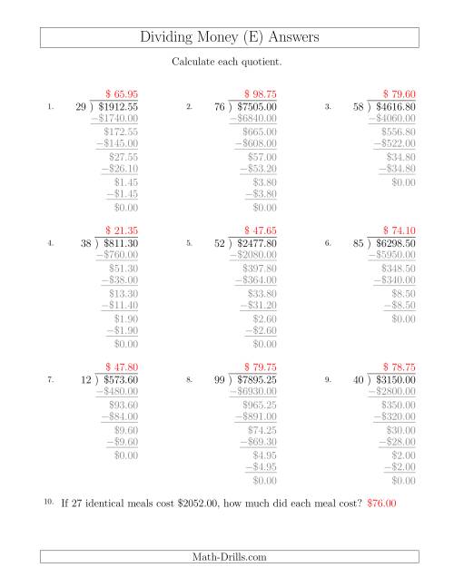 The Dividing Dollar Amounts in Increments of 5 Cents by Two-Digit Divisors (E) Math Worksheet Page 2