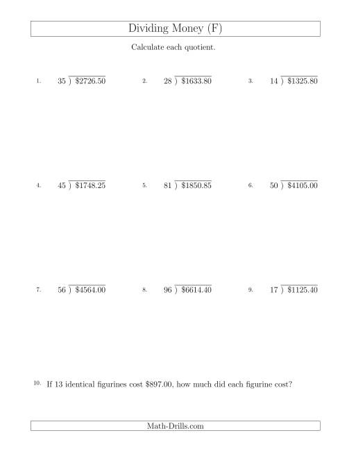 The Dividing Dollar Amounts in Increments of 5 Cents by Two-Digit Divisors (F) Math Worksheet