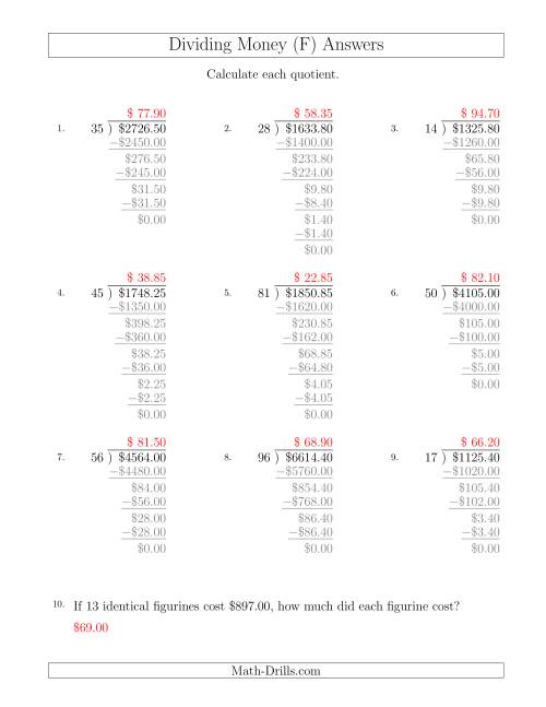 The Dividing Dollar Amounts in Increments of 5 Cents by Two-Digit Divisors (F) Math Worksheet Page 2